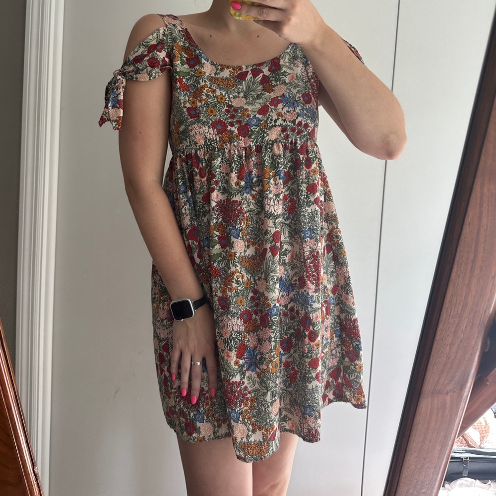 Soprano Floral Cold Shoulder Dress with Tie Sleeves